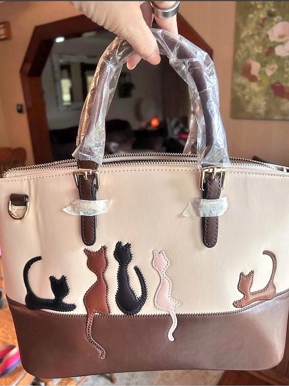 Cat Silhouette Embroidered Satchel Crossbody Bag Cream Brown Novelty Purse